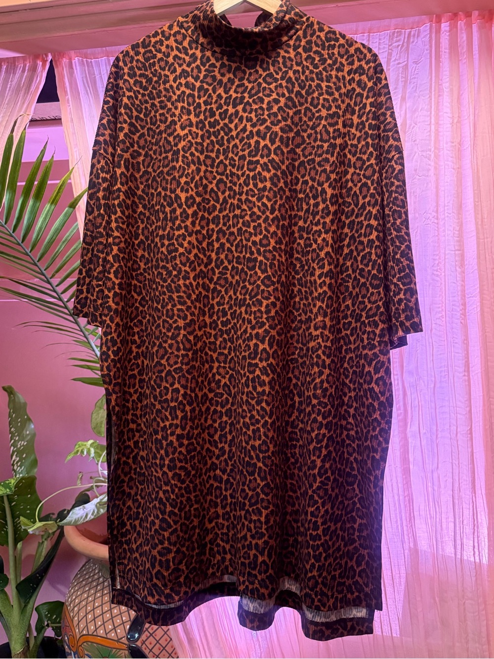 Dressed In Lala Frankie Leopard Ribbed Mock Neck T-Shirt Tunic Dress Oversized L